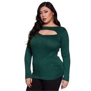 Plus Size, Green Fitted Blouse with Cutout Neckline and Long Sleeves, Size 1X